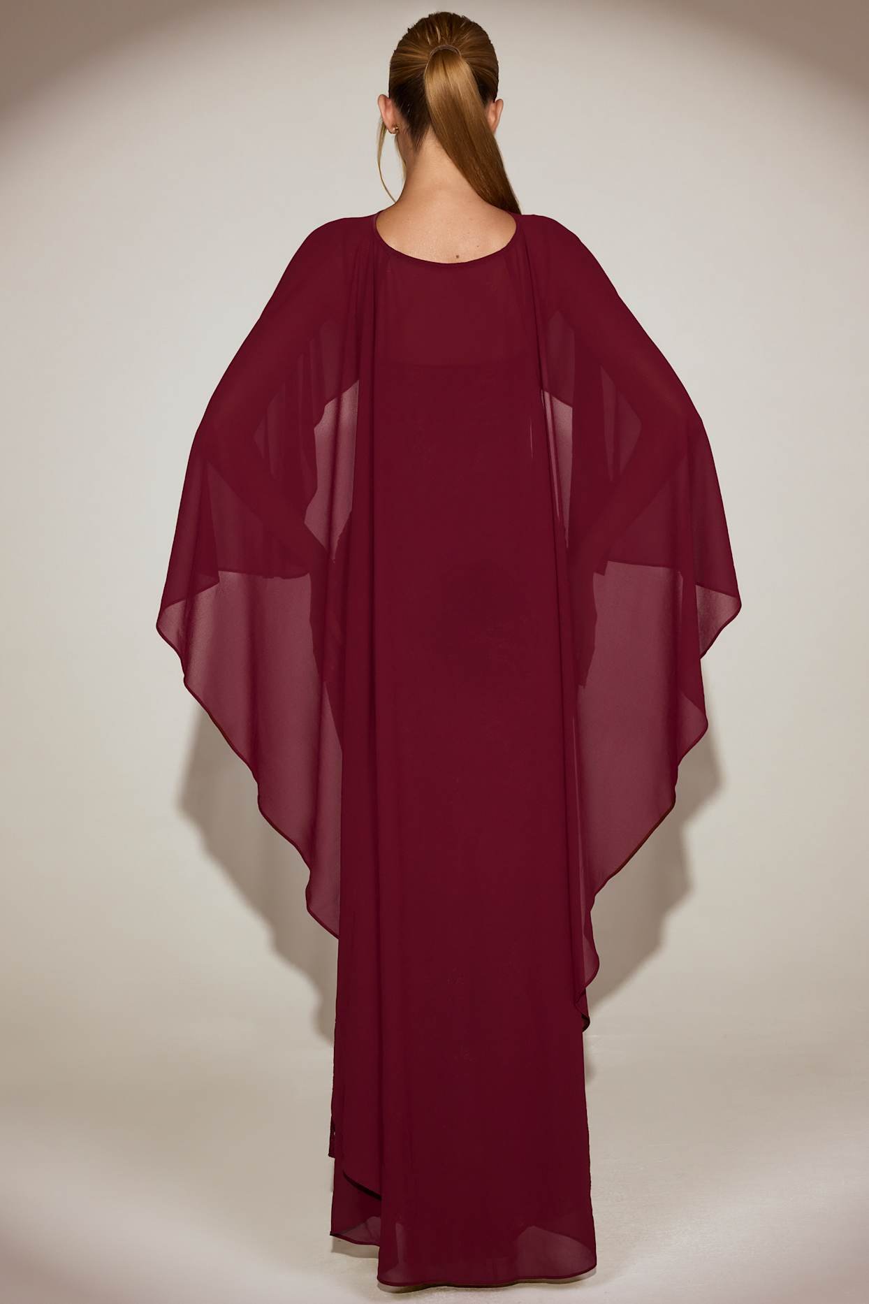 Sheer Chiffon Draped Cape in Wine Red - Image 2