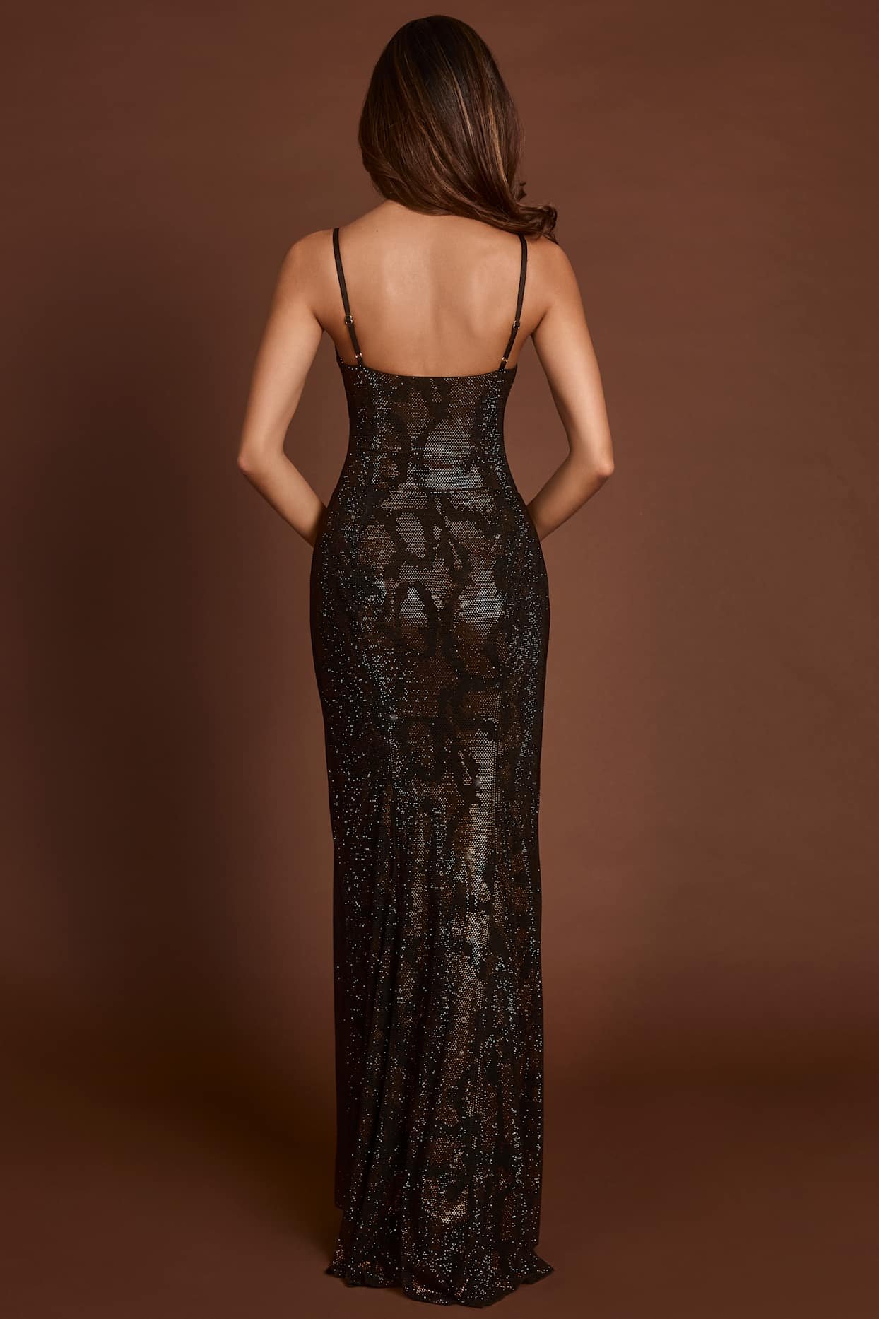 Embellished Peekaboo Cowl-Neck Dress in Brown Snake - Image 2