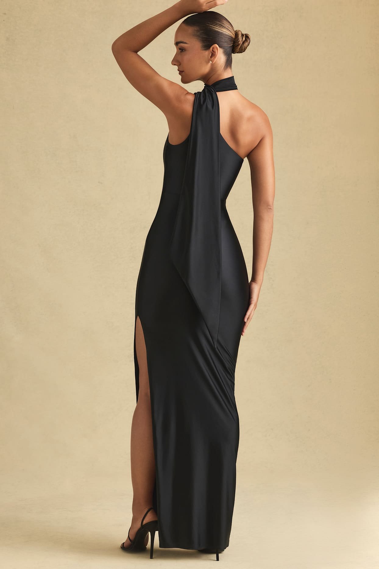 Asymmetric Scarf-Detail Maxi Dress in Black - Image 2