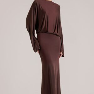 Long-Sleeve Draped Maxi Dress in Chocolate Brown