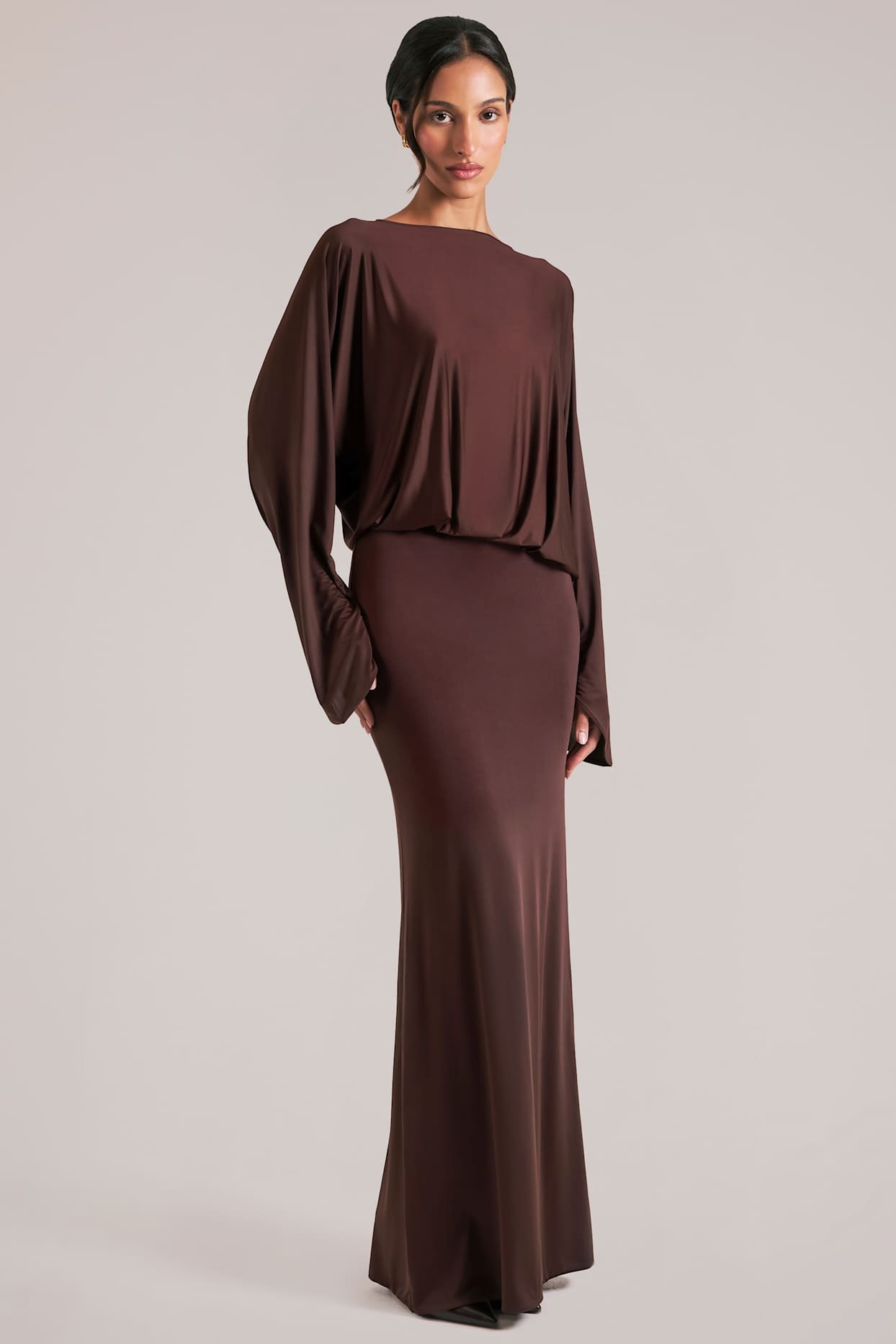 Long-Sleeve Draped Maxi Dress in Chocolate Brown