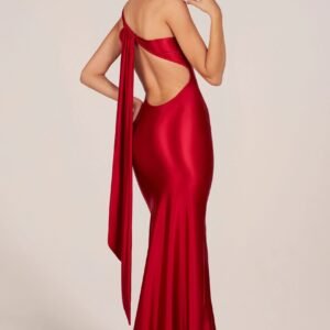 Alternative view of Asymmetric Tie-Back Gown in Rose Red