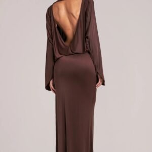 Alternative view of Long-Sleeve Draped Maxi Dress in Chocolate Brown