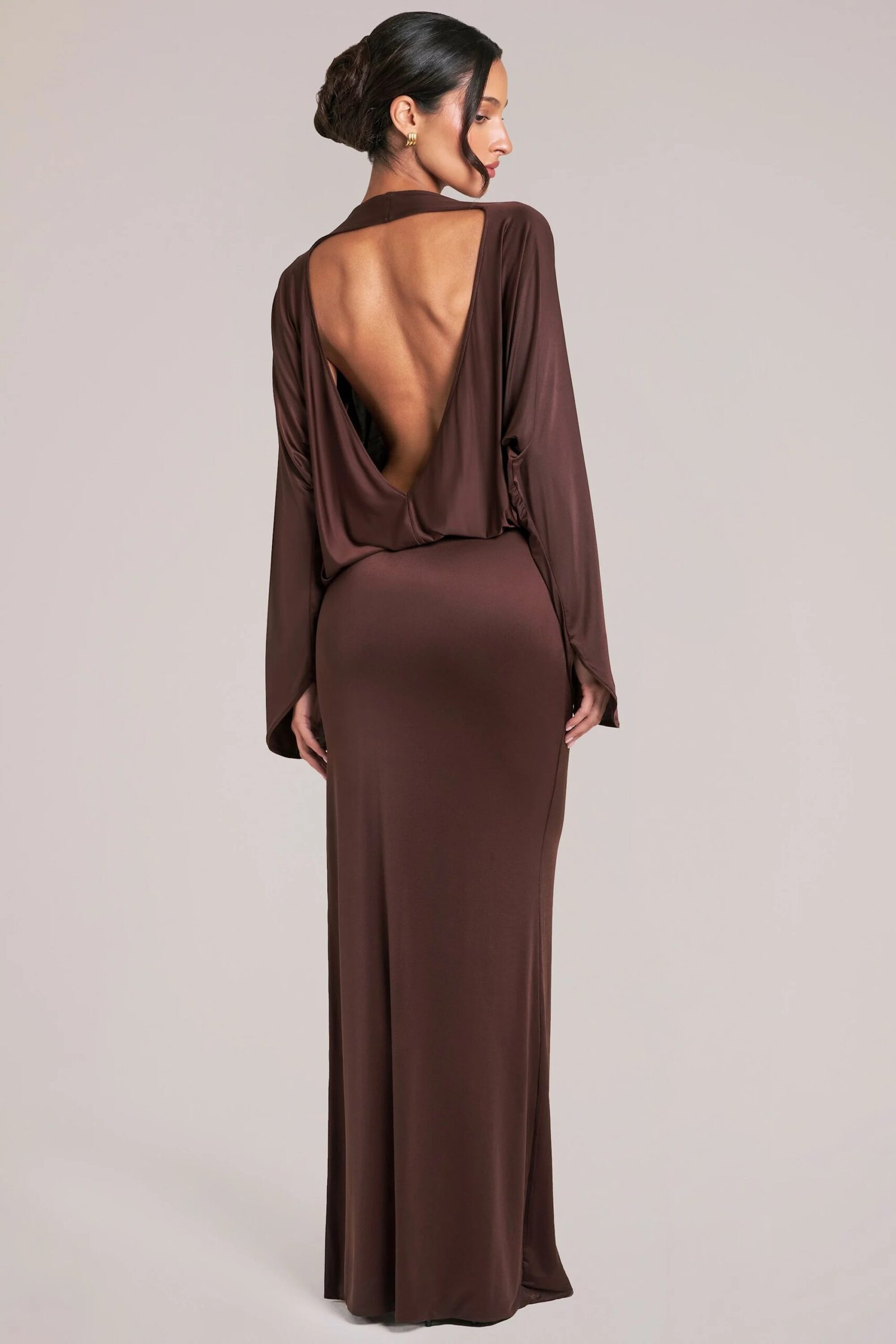 Long-Sleeve Draped Maxi Dress in Chocolate Brown - Image 2