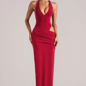 Deep Plunge Halterneck Maxi Dress in Cherry Red